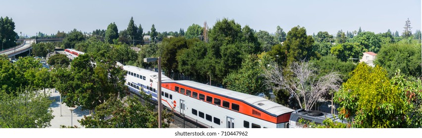 September 5, 2017 Sunnyvale/CA/USA - Aerial View Of A Caltrain In South San Francisco Bay