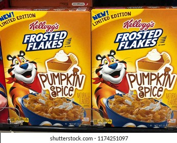 SEPTEMBER 6 2018 - MINNEAPOLIS MINNESOTA: Boxes Of Pumpkin Spice Flavored Kellogg’s Frosted Flakes Cereal Boxes On Display At A Grocery Store. Limited Edition Flavor For Fall.