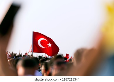 September 9 Independence Day Of Izmir. Crowded People In The Square Of Gundogdu And A Turkish Flag In Crowded People.