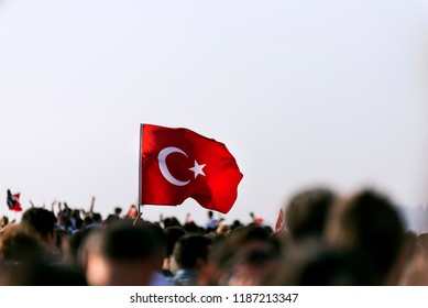 September 9 Independence Day Of Izmir. Crowded People In The Square Of Gundogdu And A Turkish Flag In Crowded People.