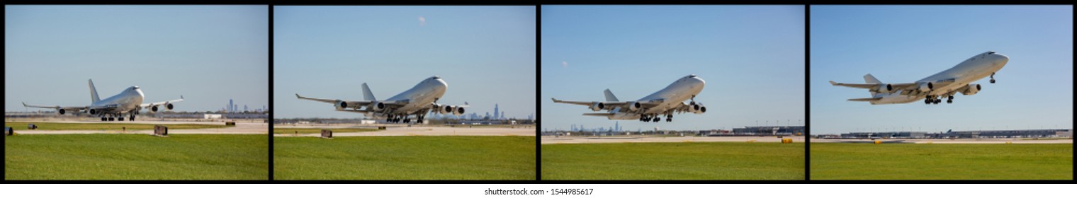 Sequence of a cargo jumbo jet take off from the Chicago airport.