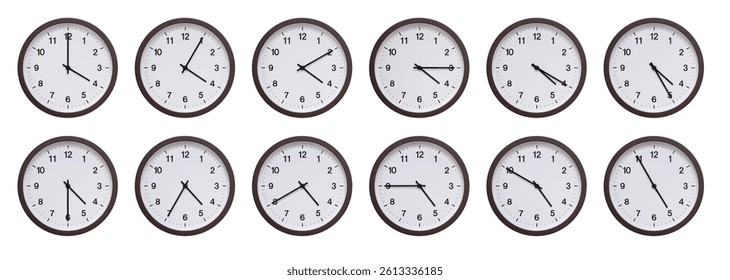 Sequence of dark brown wooden wall clocks showing time progression from 4:00 or 16:00 to 4:55 or 16:55. Ideal for concepts of time management, scheduling, and time flow.