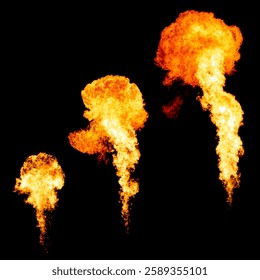 Sequence of fire explosion isolated on black, flame samples collection