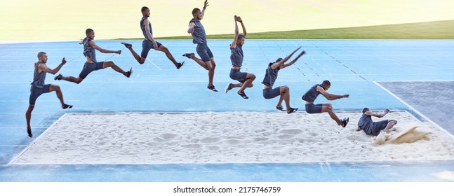 A sequence of a fit male athlete jumping in a sandpit competing in the long jump. Professional athlete or track racer during long or triple jump attempt is a competitive sports event or training - Shutterstock ID 2175746759