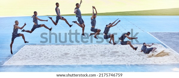 A sequence of a fit male athlete jumping in a\
sandpit competing in the long jump. Professional athlete or track\
racer during long or triple jump attempt is a competitive sports\
event or training