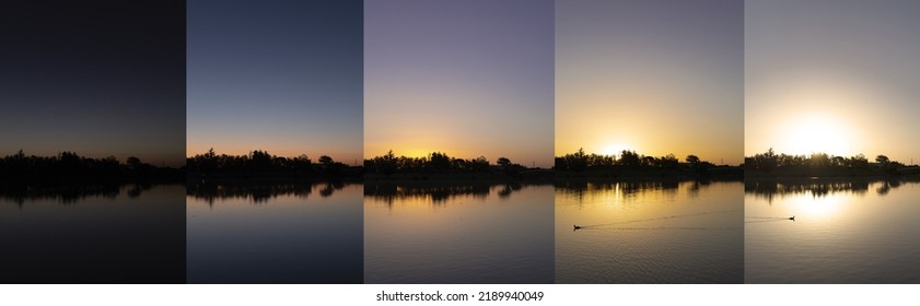 Sequence of five photos from dark until sunrise - Shutterstock ID 2189940049