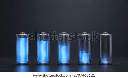 A sequence of five transparent battery cells arranged in a row, showing a progressive decline in glowing blue energy levels to visualize the battery lifecycle