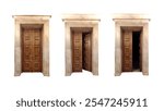 Sequence of grand double wooden doors with paneled design, brass handles, and marble framing, shown closed, partially open, and fully open. Conceptual photography.
