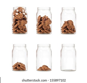 Sequence of jar of cookies from full to empty isolated on white background 