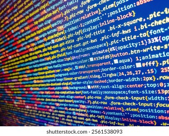 Sequence of numbers with bright colors on a black background. Virtual realtiy. Monitor with stock data, closeup. Light blue abstract  computer code. Screen with software developer code.