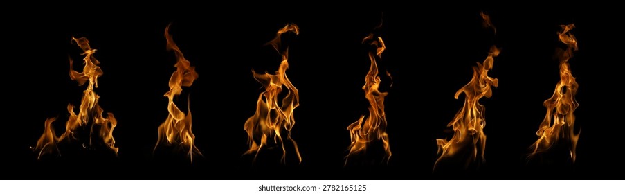 Sequence of real fire flames growing from small to large isolated on black background. Collection of burning blaze stages for graphic design, heat energy concept and dynamic motion elements.