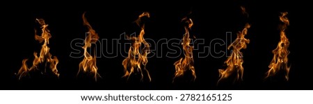 Sequence of real fire flames growing from small to large isolated on black background. Collection of burning blaze stages for graphic design, heat energy concept and dynamic motion elements.