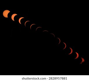 sequence showing the different phases of a partial eclipse in the sky, from begining to end