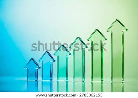 A sequence of translucent glass arrows rising in height from left to right like a bar graph. Clean blue and green gradient background. Symbolizes marketing success, sales growth, performance metrics, and achieving targets.