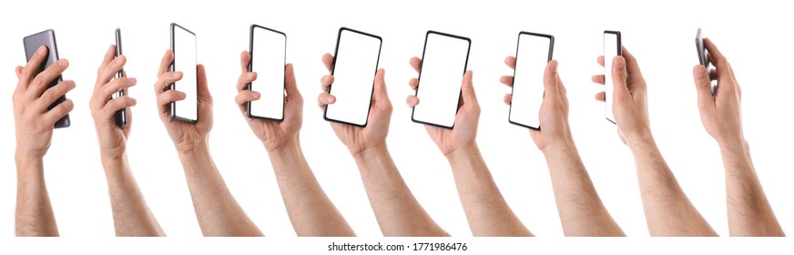 Sequence of various views of caucasian man hands with dark mobile phone picked up vertically and white screen set