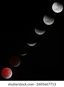 A sequential composite image showing the various phases of a total lunar eclipse. From full moon to blood moon, each stage is displayed against a dark night sky, capturing the astronomical phenomenon 