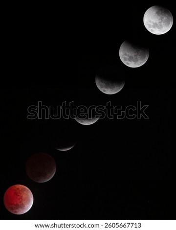 A sequential composite image showing the various phases of a total lunar eclipse. From full moon to blood moon, each stage is displayed against a dark night sky, capturing the astronomical phenomenon 