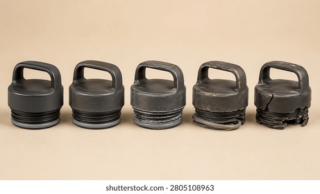 A sequential display of five black plastic handled bottle caps from reusable water bottles, showcasing the gradual material deterioration from new to significantly