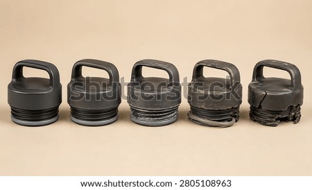 A sequential display of five black plastic handled bottle caps from reusable water bottles, showcasing the gradual material deterioration from new to significantly