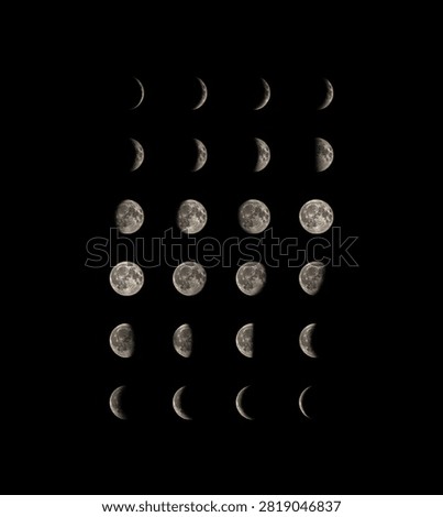 Sequential lunar cycle showing the changing illumination of the Moon from crescent to full and back to crescent during a dark night against a black background