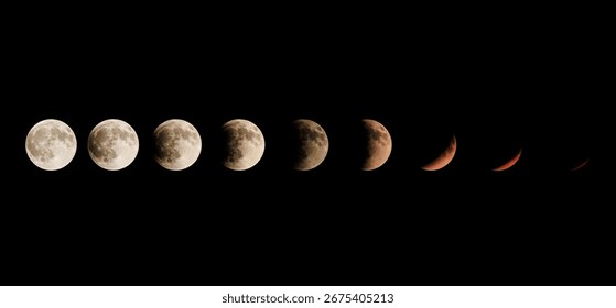 sequential phases of the moon during a partial lunar eclipse, captured in progression from bright full moon to deep red crescent against the dark night sky