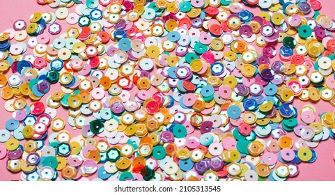 Sequins multicolored confetti, Soft selective focus close-up . Abstract festive composition place for text