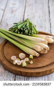 Serai or lemongrass on cutting board with blurred background