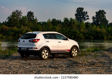 Serbia - 08.013.2018 / Car Kia Sportage 2.0 CRDI Awd Or 4x4, White Color, 
Parked On Beach Near A River Drina. Very Nice Car To Drive.  
