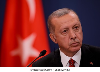 SERBIA - 7 October 2019: Turkish President Recep Tayyip Erdogan talk during press conference in Belgrade