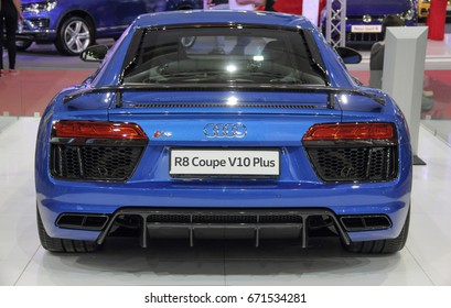 Serbia; Belgrade; April 2, 2017; back of azure blue Audi R8 Coupe V10 Plus; the 53rd International Motor Show in Belgrade from March 24th to April 2nd, 2017.