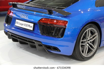 Serbia; Belgrade; April 2, 2017; side back of azure blue Audi R8 Coupe V10 Plus; the 53rd International Motor Show in Belgrade from March 24th to April 2nd, 2017.