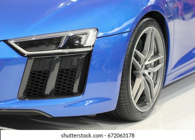 Serbia; Belgrade; April 2, 2017; The close up side of azure blue Audi R8 Coupe V10 Plus; the 53rd International Motor Show in Belgrade from March 24th to April 2nd, 2017.