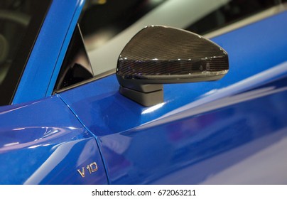 Serbia; Belgrade; April 2, 2017; The close up of side view mirror of azure blue Audi R8 Coupe V10 Plus; the 53rd International Motor Show in Belgrade from March 24th to April 2nd, 2017. - Shutterstock ID 672063211