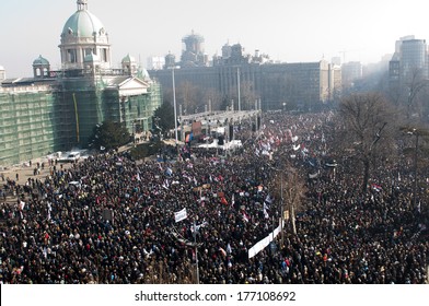 SERBIA, BELGRADE - FEBRUARY 5, 2011: Aerial View Of Crowd During A Rally Organized By Serbian Progressive Party In Front Of The Parliament Building