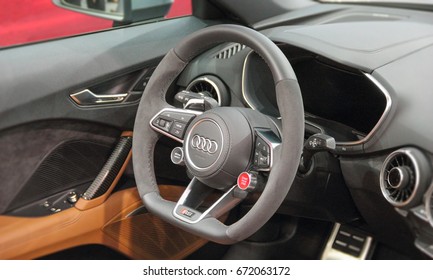 Serbia; Belgrade; March 29, 2017; The close up of Audi R8 Coupe V10 Plus steering wheel;  The 53rd International Motor Show in Belgrade from March 24th to April 2nd, 2017.