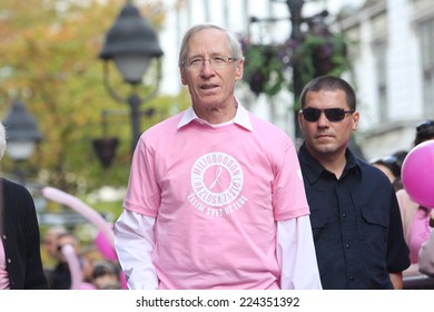 SERBIA, BELGRADE - OCTOBER 18, 2014: USA Ambassador In Belgrade Michael D. Kirby Today In The Center Of Belgrade Walk Support The Fight Against Breast Cancer Is The Leading Cause Of Death In Women