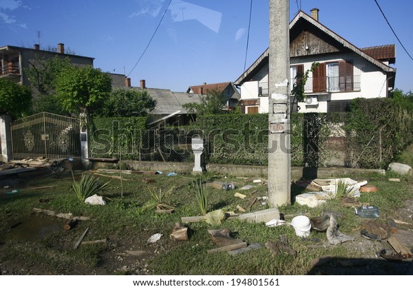 SERBIA,\
OBRENOVAC - MAY 21: Destroyed yard after floods in Obrenovac under\
water. The water level of Sava River remains high in worst flooding\
on record across the Balkans on may 21,\
2014