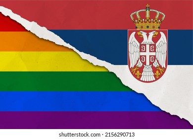 Serbia And Rainbow Flag Ripped Paper Grunge Background. Concept Of Conflict And LGBT Rights. Serbia Vs LGBT Community Metaphor. Tension And Crisis For Civil Right And Gay Pride