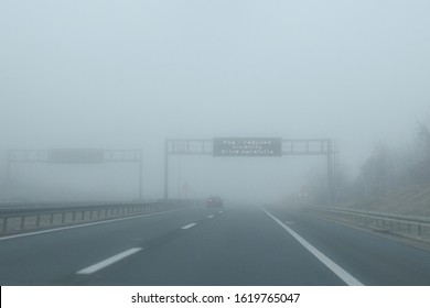 Serbia Smog Weather Causes Poor Visibility Of Road And Dangerous Road Trip