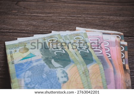 Serbian dinar banknotes background, different denominations dinar cash serbian currency