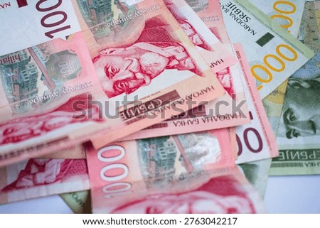 Serbian dinar banknotes background, different denominations dinar cash serbian currency