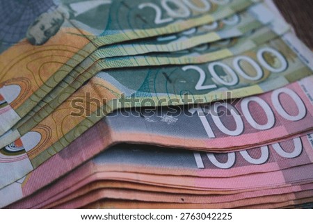 Serbian dinar banknotes background, different denominations dinar cash serbian currency