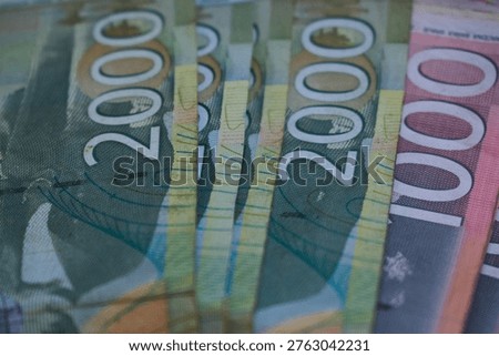 Serbian dinar banknotes background, different denominations dinar cash serbian currency