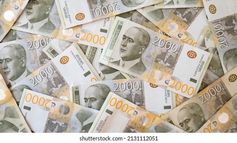 Serbian dinar paper currency, 2000 dinars value. Serbian 2000 dinar currency banknote. Serbia money RSD dinar cash. Background of two thousand dinars Serbia money. - Shutterstock ID 2131112051