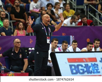 Serbia's National Team Defeated Latvia 92--82 At The 1 September 2017 Istanbul Fiba Eurobasket 2017 Men's Basketball Championship Serbian Coach Aleksandar Dordevic On The Sidelines.