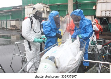 Seremban, Malaysia, 28 October 2015. The Special Forces Hazmat Fire And Rescue Department Of Malaysia, Making Exercise A Chemical Spill.