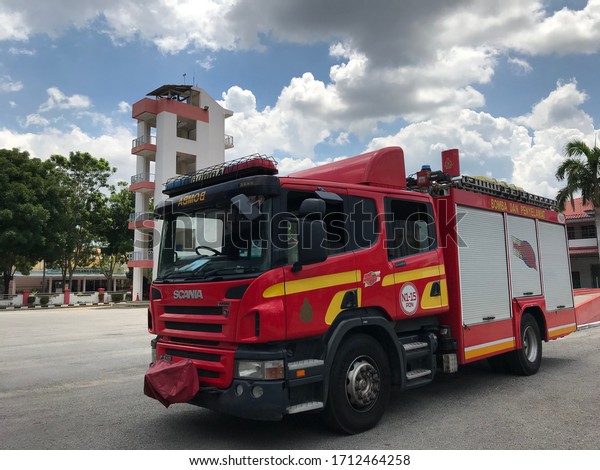 Seremban, Malaysia, April 22, 2020.Fire-rescue\
tender firms by the Malaysian Fire and Rescue Department are used\
to perform rescue and extinguishers in the event of a natural\
disaster.