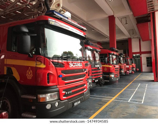 Seremban, Malaysia, August 10, 2019.Fire-rescue\
tender firms by the Malaysian Fire and Rescue Department are used\
to perform rescue and extinguishers in the event of a natural\
disaster.