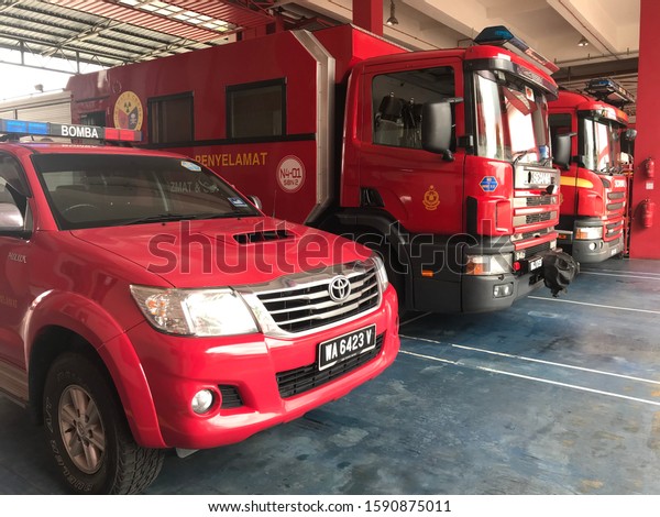 Seremban, Malaysia, December 12,\
2019.Fire-rescue tender firms by the Malaysian Fire and Rescue\
Department are used to perform rescue and extinguishers in the\
event of a natural\
disaster.