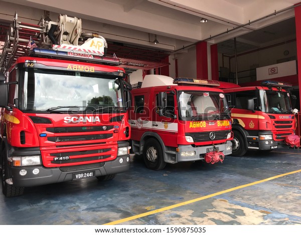 Seremban, Malaysia, December 12,\
2019.Fire-rescue tender firms by the Malaysian Fire and Rescue\
Department are used to perform rescue and extinguishers in the\
event of a natural\
disaster.